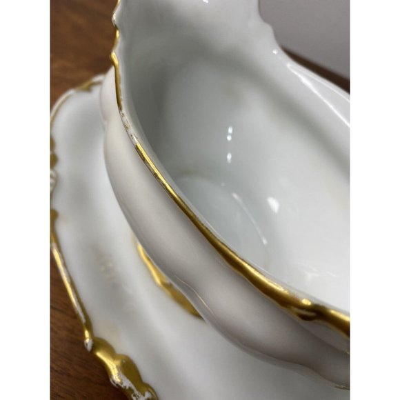 Limoges France Gravy Boat Dish Serving Bowl White Gold Scalloped Porcelain - Picture 9 of 11
